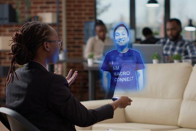 Woman speaking to a hologram of a Macro Connect IT support employee